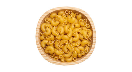 Isolated bowl of elbow macaroni pasta, uncooked, in a rustic wooden dish for food preparation