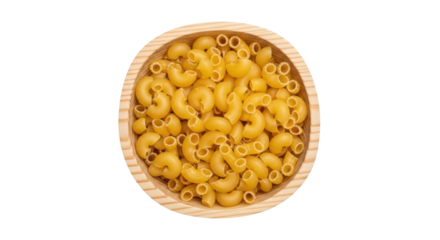Isolated bowl of elbow macaroni pasta, uncooked, in a rustic wooden dish for food preparation