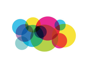 Abstract colorful circles overlapping and floating against a clean white background, a vibrant and modern graphic design element