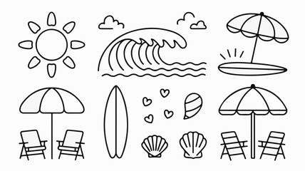 Vibrant summer beach icons capturing sunny days, crashing waves, and relaxing seaside moments