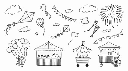 Whimsical festival elements collection featuring kites, balloons, bunting, clouds, fireworks, and charming market stalls for joyful celebrations and events.