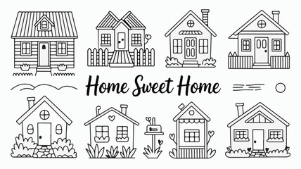 Cozy charming hand drawn houses and "Home Sweet Home" text create a warm, inviting scene perfect for residential design projects