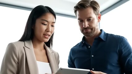 Two diverse business professionals collaborating on a digital tablet in a modern office - Powered by Adobe