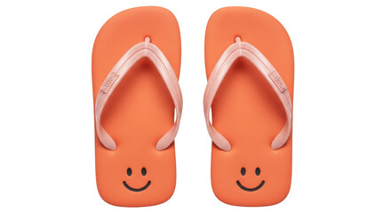 Isolated pair of orange flip-flops with a smiley face, summer vacation footwear for beach fun