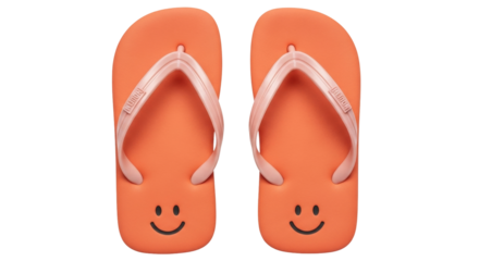 Isolated pair of orange flip-flops with a smiley face, summer vacation footwear for beach fun