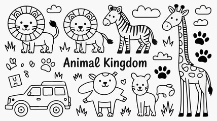 Adventuresome safari journey with cute cartoon animals like lions zebras giraffes and more exploring the wild kingdom.
