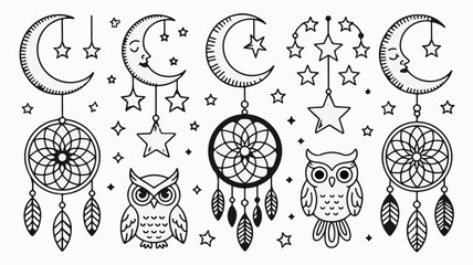 Whimsical dreamcatchers, starry moons, and cute owls create a magical nocturnal scene perfect for children's decor and fantasy themes.