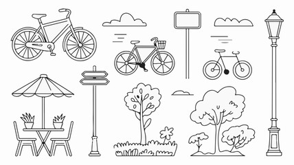 Charming collection of outdoor elements including bicycles, streetlights, trees, and cafe seating, perfect for urban design projects and whimsical illustrations.