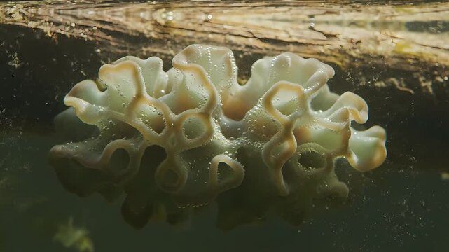 Macro view of a strange gelatinous freshwater bryozoan colony, an intricate and frilly invertebrate organism attached to a submerged branch underwater