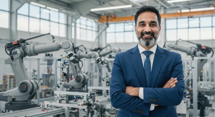 Confident businessman in a modern factory with robotic arms in the background showcasing innovation and technology in manufacturing