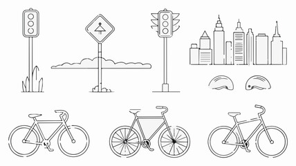 Modern cityscape icons featuring traffic signals bicycles helmets and urban street signs perfect for transport and city planning visuals