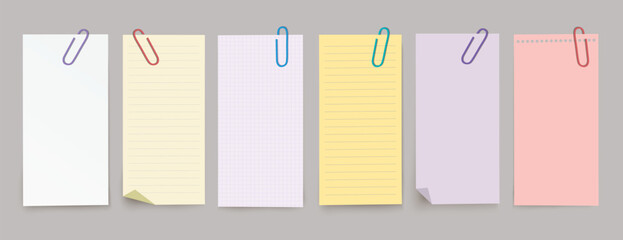 Vector set of vertical different note papers with clips and shadow on transparent background.