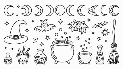 Whimsical Halloween icons and symbols featuring witches hats, cauldrons, bats, spiders, moons, and potion bottles create a playful, festive scene for your seasonal designs