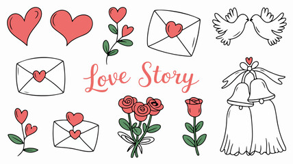 Celebrate romance with charming hand drawn hearts, roses, love letters, and wedding bells perfect for invitations, cards, and decorations