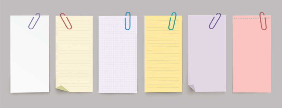 Vector set of vertical different note papers with clips and shadow on transparent background.