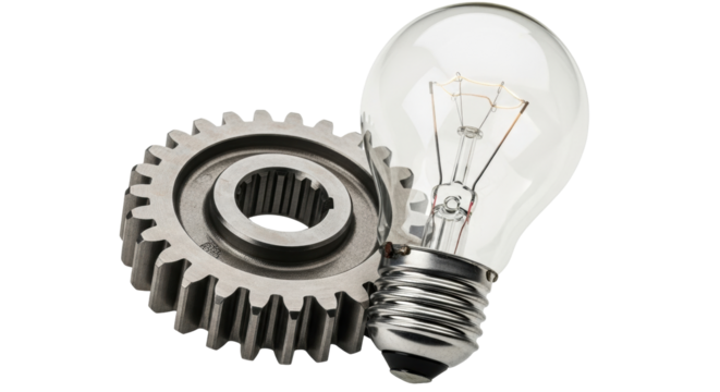 Isolated Gear and Light Bulb, Concept of Idea, Creative Thinking, and Business Strategy