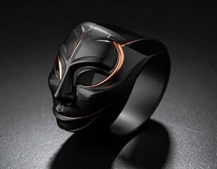 Mysterious Dark Mask Face Ring Design with Copper Accents.