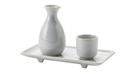 Isolated set of sake bottle and cup on small tray for serving alcohol, traditional Asian drink
