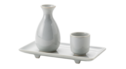 Isolated set of sake bottle and cup on small tray for serving alcohol, traditional Asian drink