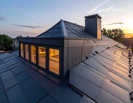 Rooftop dormer window at dusk