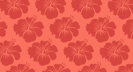 Coral-toned seamless repeat pattern of hibiscus flower silhouettes