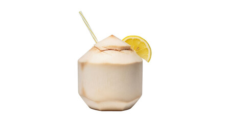 Isolated Young Coconut Drink with Straw and Lemon Slice for a Refreshing Tropical Treat