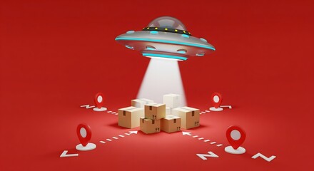 Futuristic UFO spaceship delivering packages with GPS location pins and coordinates on red background, concept of alien delivery service, logistics innovation, and creative express shipping technology