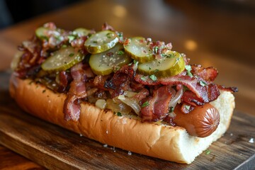 Gourmet hot dog with bacon, pickles, and onions on wooden board