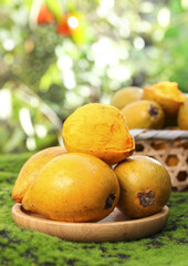 Golden Tropical Fruits on Wooden Plate with Natural Green Background Display