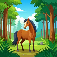 Cartoon horse in a lush forest