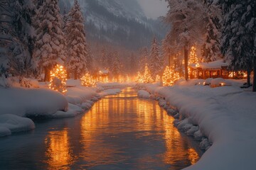 Snowy forest with a river running through it.