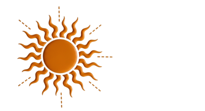 Isolated golden sun illustration with wavy rays pointing outward, summer symbol for design