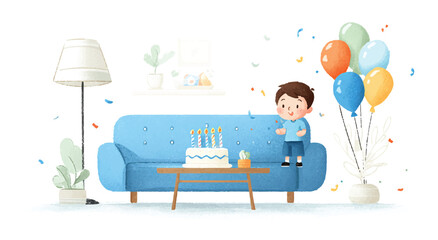 Happy Birthday Celebration with a Cute Boy Cake Balloons and Confetti in Watercolor Illustration Style for Children