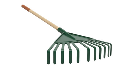 Isolated garden rake tool for clearing leaves and debris, wooden handle, green metal tines