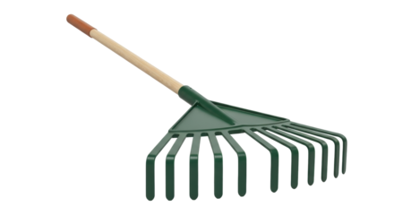 Isolated garden rake tool for clearing leaves and debris, wooden handle, green metal tines