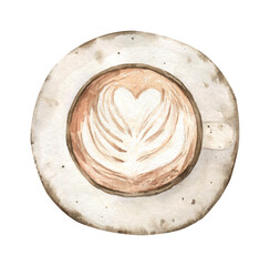 Watercolor coffee cup with latte art isolated on white background. Cozy fall.  Perfect for cards, logo, paper, wrapping and other design.