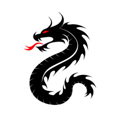 Striking vector illustration of a black and red dragon in a traditional Chinese tattoo design and silhouette
