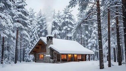 Cozy log cabin in a winter wonderland forest with snow covered trees and smoke - Powered by Adobe