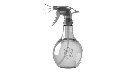 Isolated clear plastic spray bottle dispenser with flower design filled with liquid on seamless