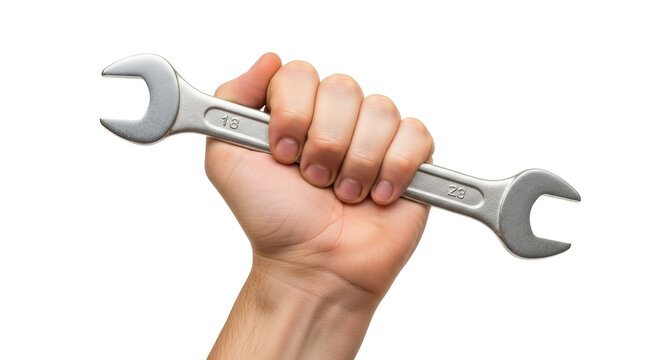 Isolated hand holding spanner wrench or repair tool for plumbing and engineering projects - Powered by Adobe