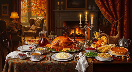 Grand Thanksgiving Dinner. A richly detailed painting of a Thanksgiving dinner table set with a roast turkey, cornucopia, and pie in a cozy, antique room.