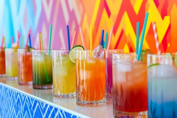 Vibrant assortment of colorful summer cocktails with straws