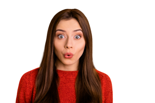 Photo of charming cute cheerful nice funny youngster excited about sales with lips pouted isolated over vibrant color background