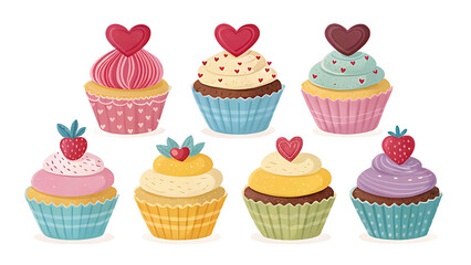 Collection of colorful and delicious cupcakes with heart toppers isolated on white background