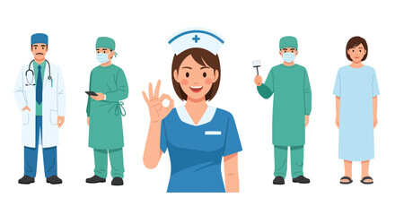 Vector illustration of a medical team with a doctor nurse surgeons and a patient.