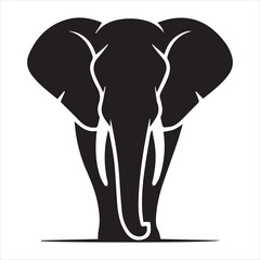 Front view black silhouette of an elephant head and tusks Keywords: elephant, silhouette, black and