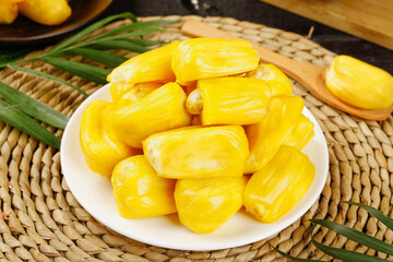 Fresh Yellow Jackfruit Segments on Plate - Sweet Thai Tropical Fruit from Hainan with Honey-Like Flesh