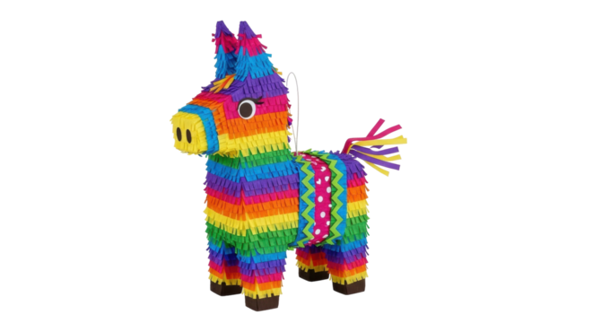 Isolated rainbow-colored donkey piñata, festive celebration element, Mexican-style party toy, colorful - Powered by Adobe