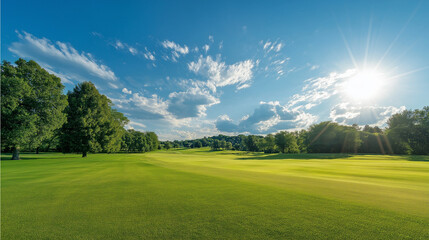 fairway. Vast green golf course under bright sunlight, capturing the tranquility of open landscapes. travel magazines, destination branding, designed for outdoor magazines and nature guides