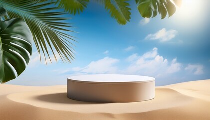 Fototapeta premium A Modern Round Podium On Sandy Terrain Accented With Tropical Leaves A Tree Branch And A Bright Sky Backdrop